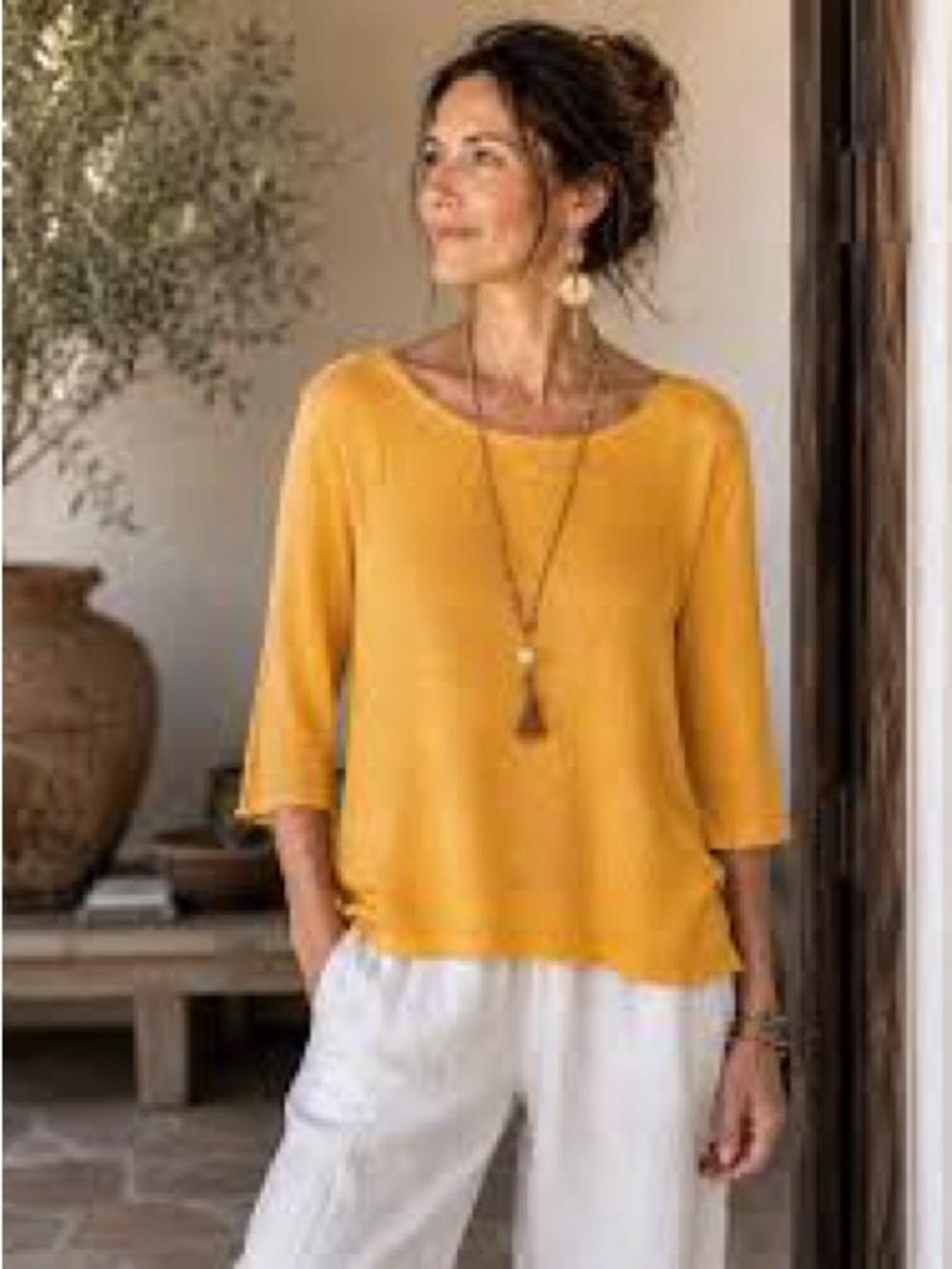 Eileen Fisher Organic Linen Marigold Sweater 3/4 sleeves boho Lagenlook Medium